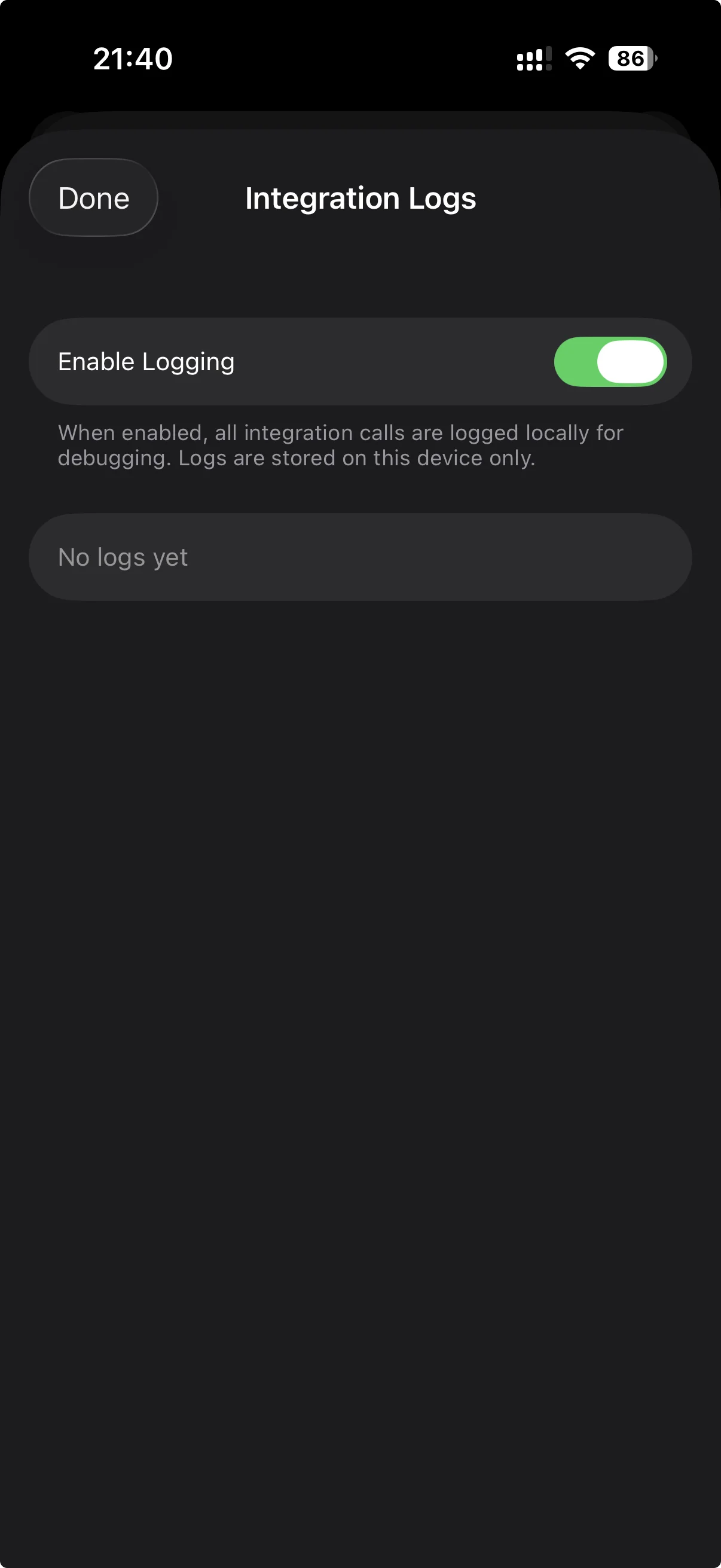 Book Reading Habit app integration logs screen showing activity history