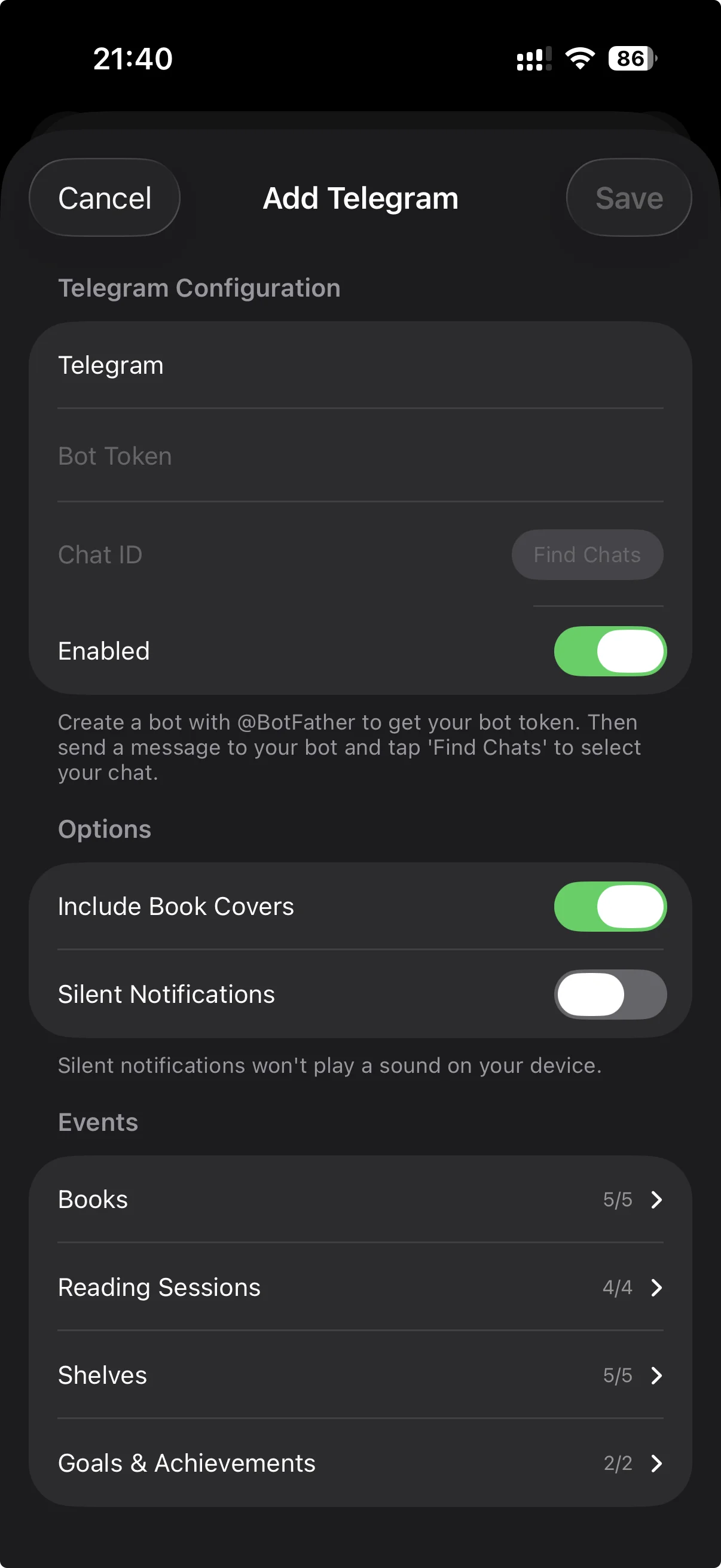 Book Reading Habit app showing Telegram integration setup screen