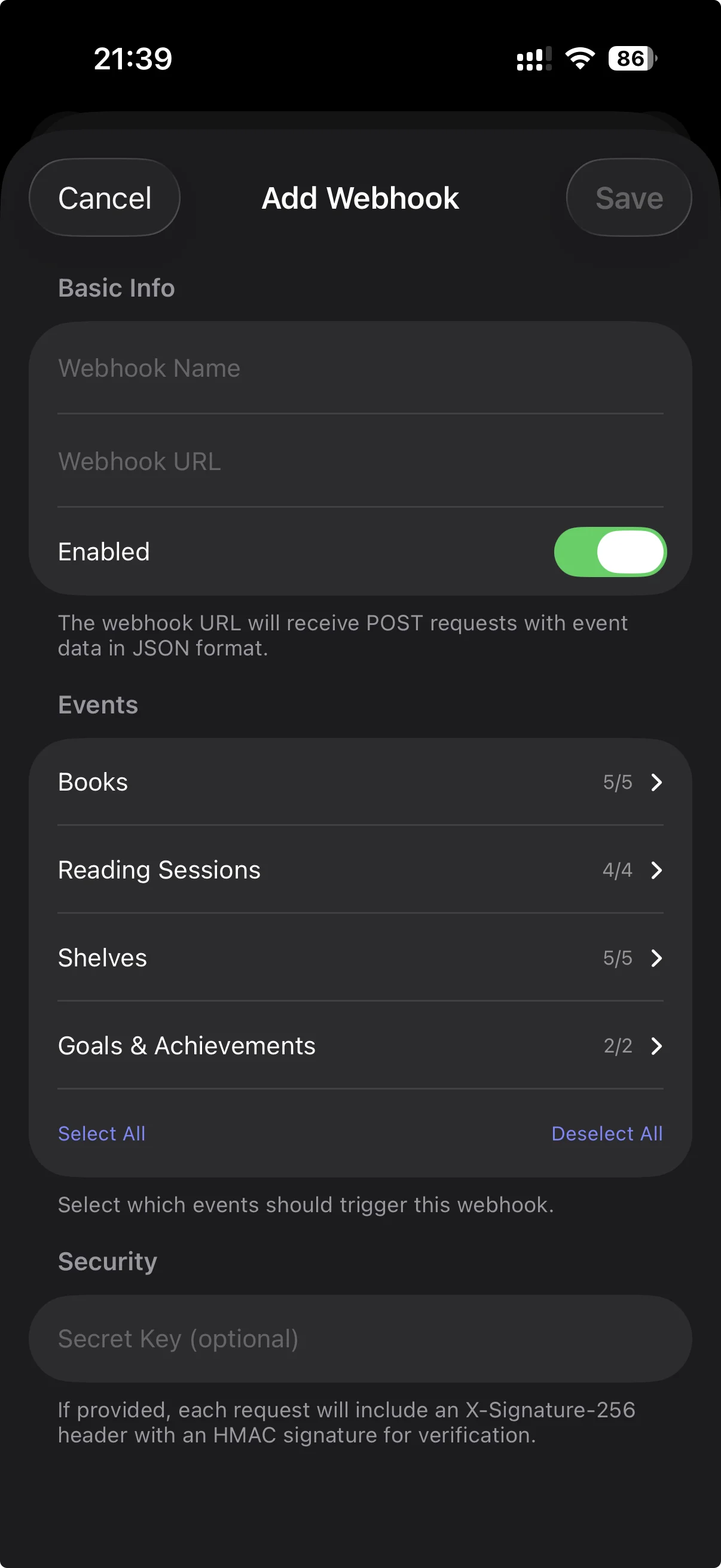 Book Reading Habit app showing webhook configuration screen