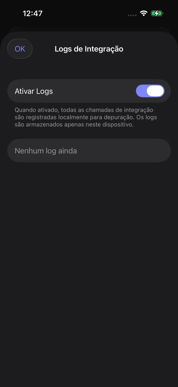 Os logs de integração ajudam a depurar chamadas de webhook