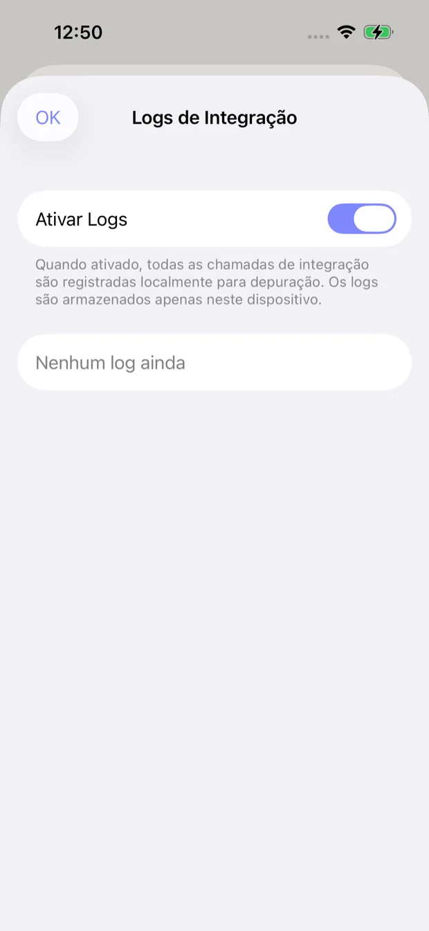 Os logs de integração ajudam a depurar chamadas de webhook