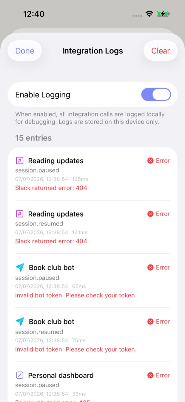 Integration logs help you debug webhook calls