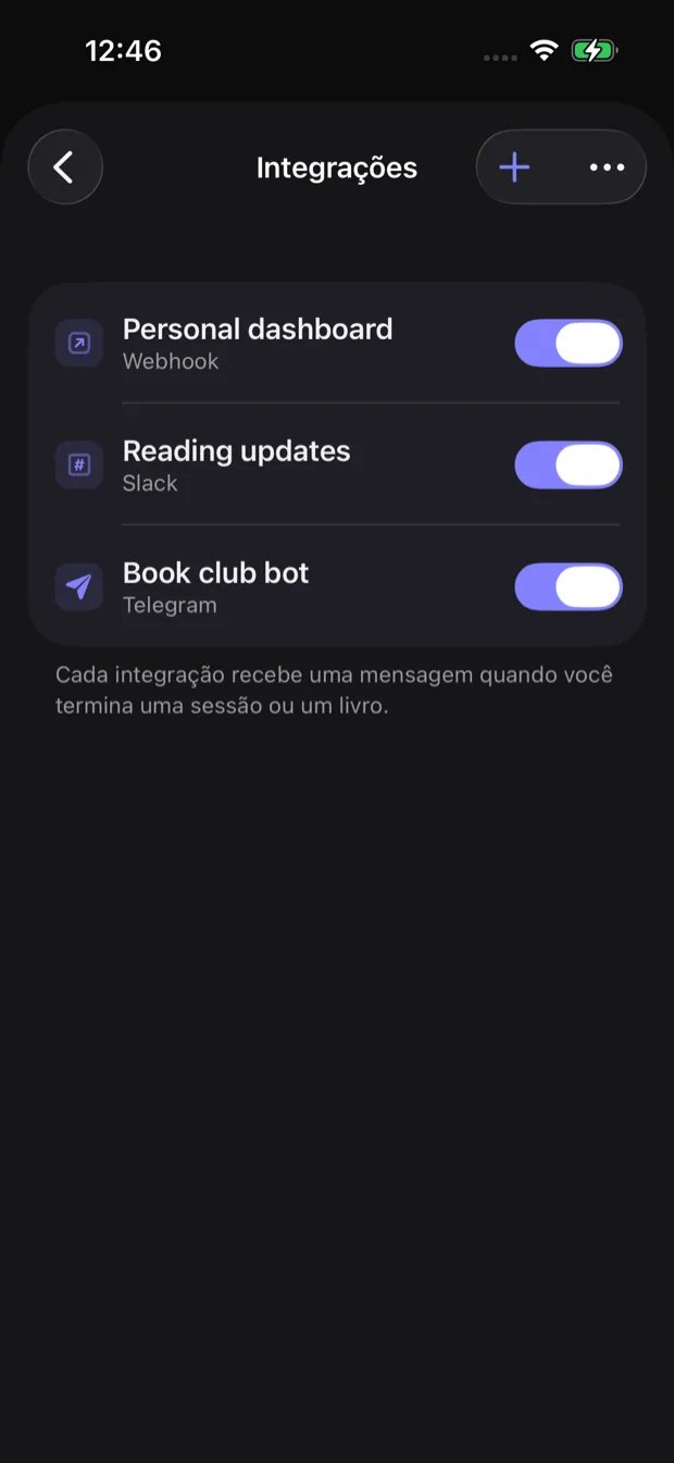Tela de integrações no app