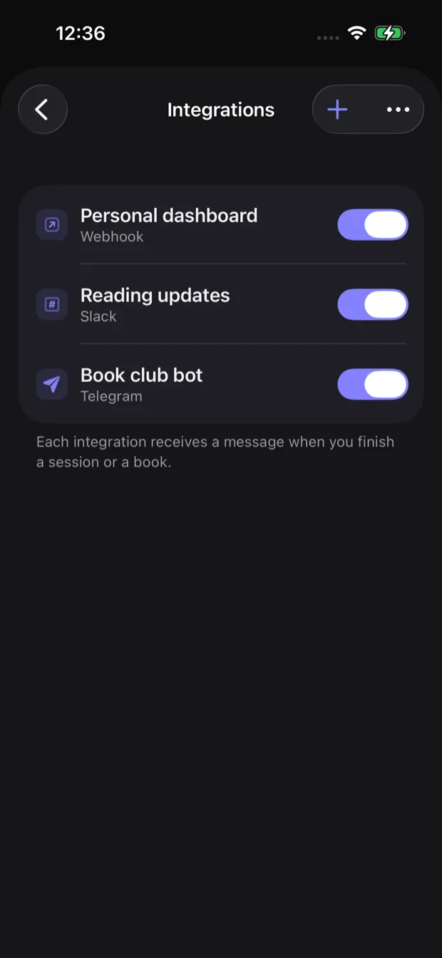 Integrations screen in the app