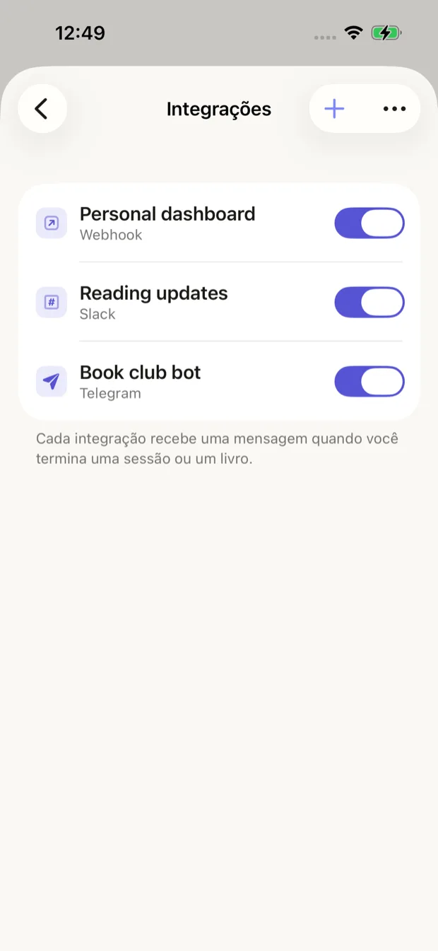 Tela de integrações no app