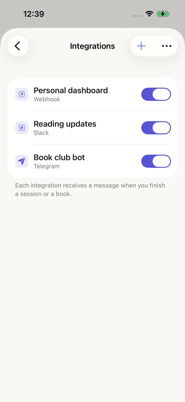Integrations screen in the app