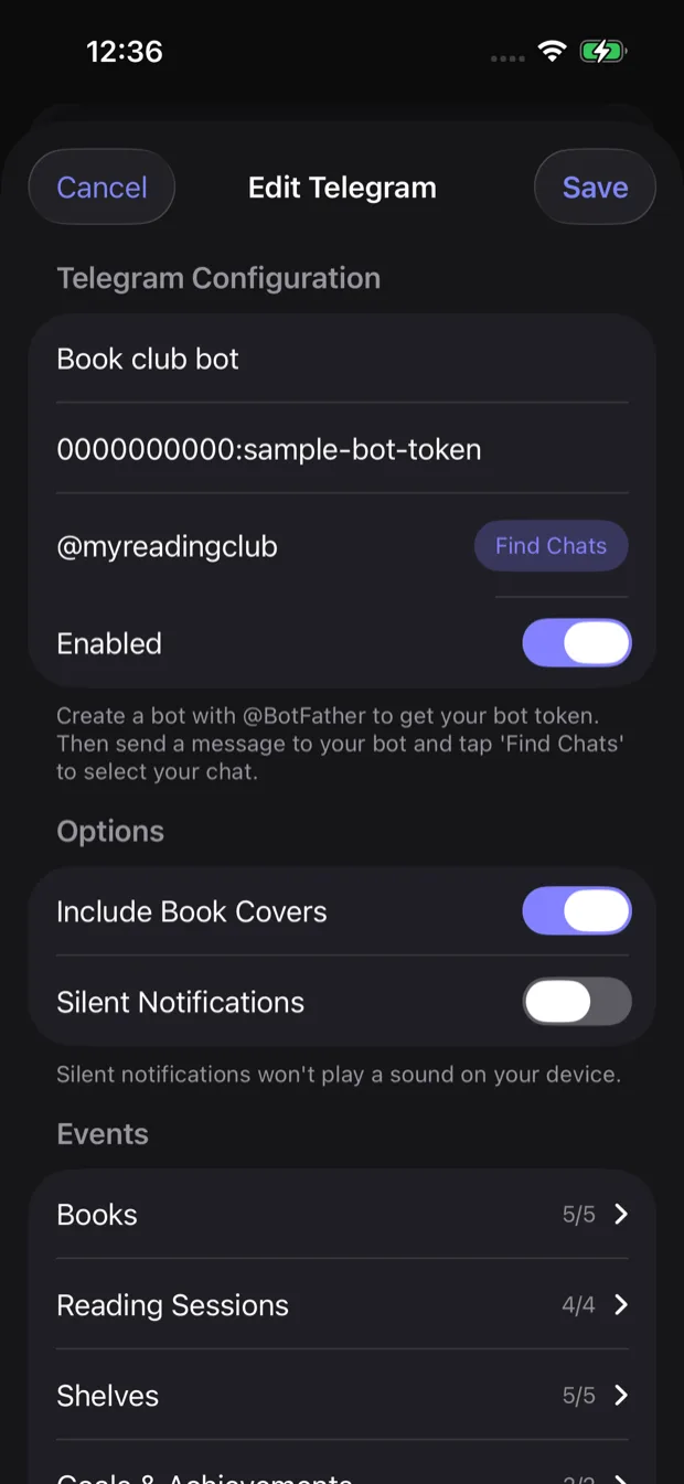 Telegram integration configuration