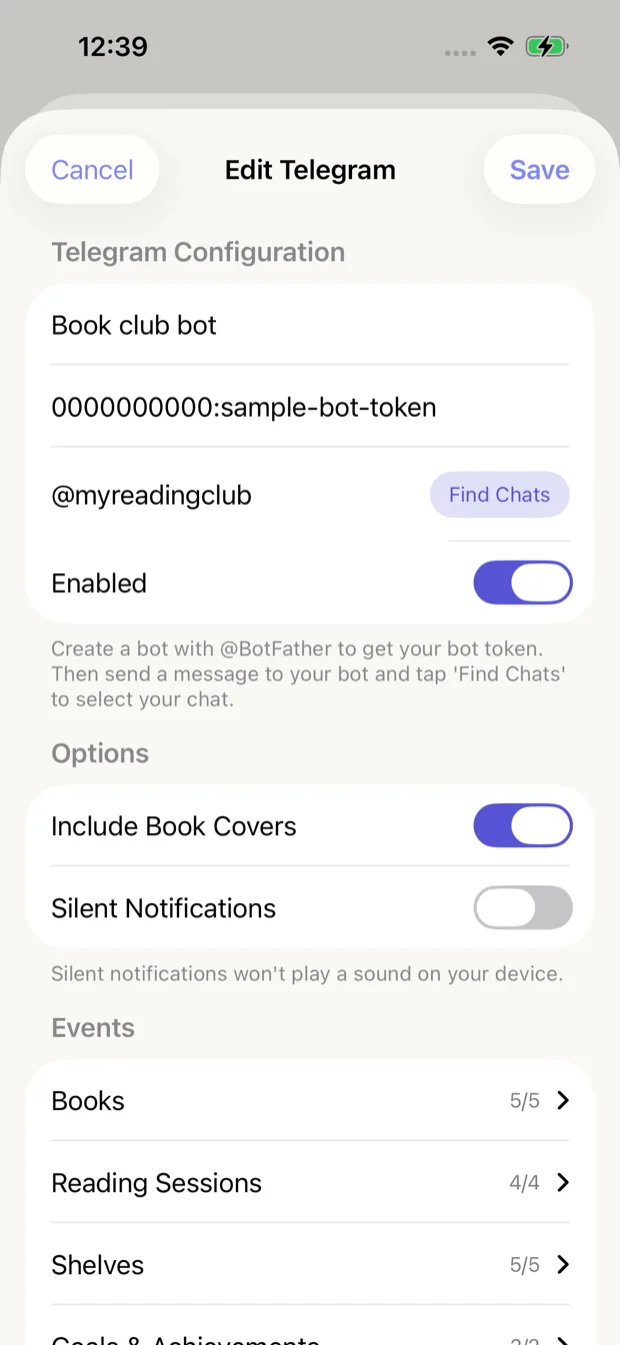 Telegram integration configuration