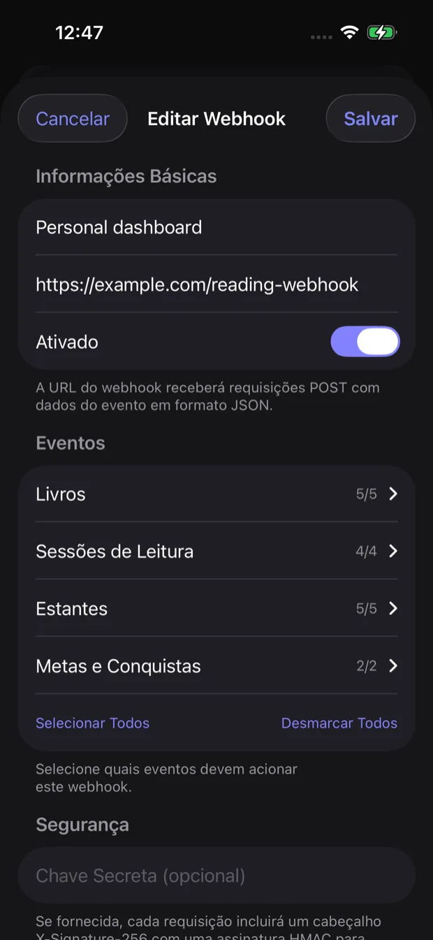 Tela de configuração de webhook