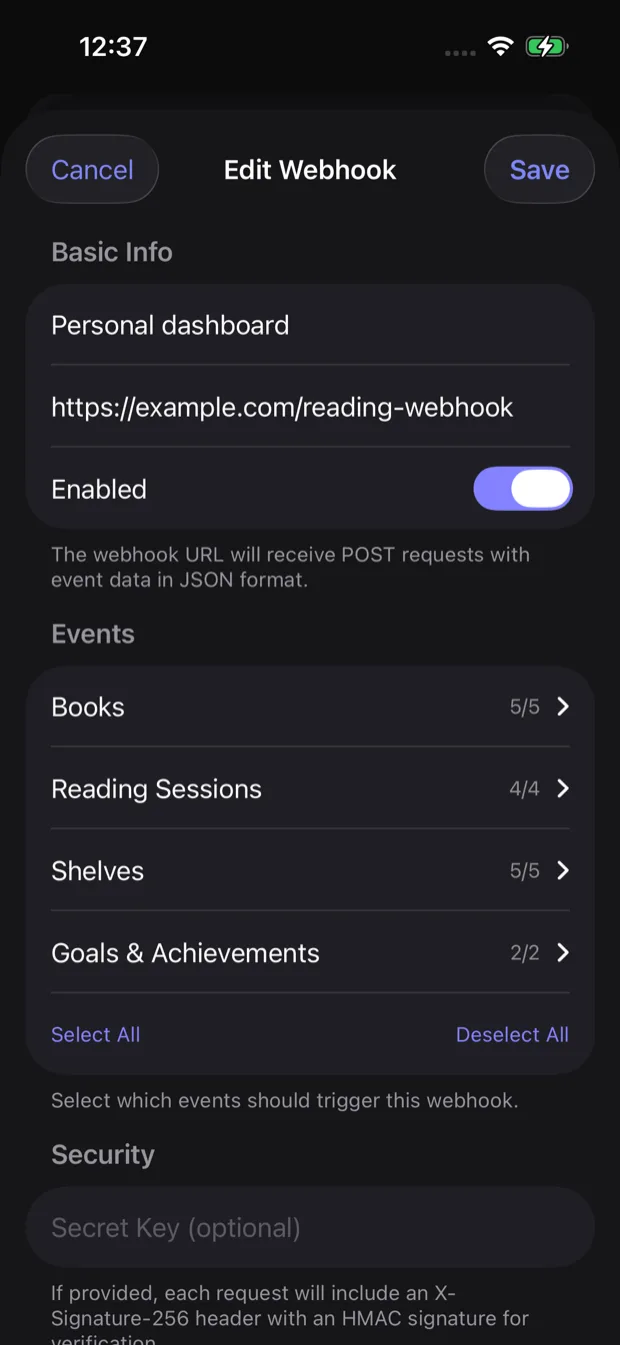 Webhook configuration screen