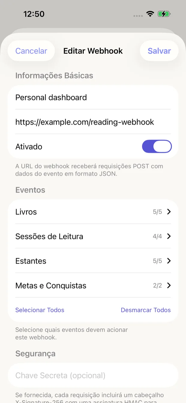 Tela de configuração de webhook