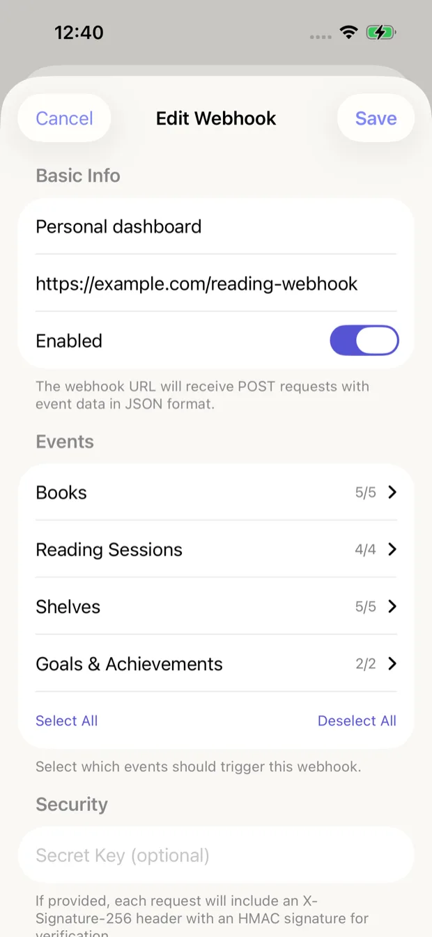 Webhook configuration screen