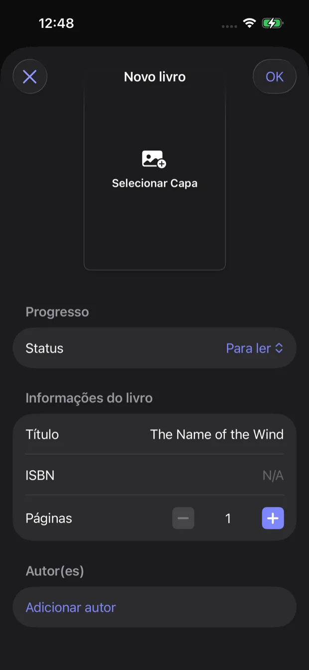 Adicionando um livro manualmente com detalhes personalizados