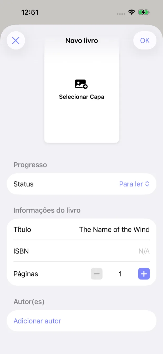 Adicionando um livro manualmente com detalhes personalizados
