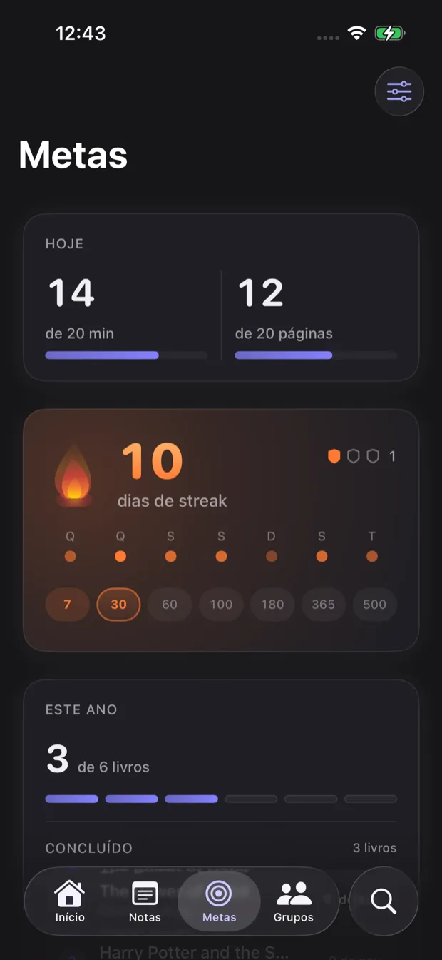 Mapa de atividade de leitura com insights de padrões, streak e dias ativos