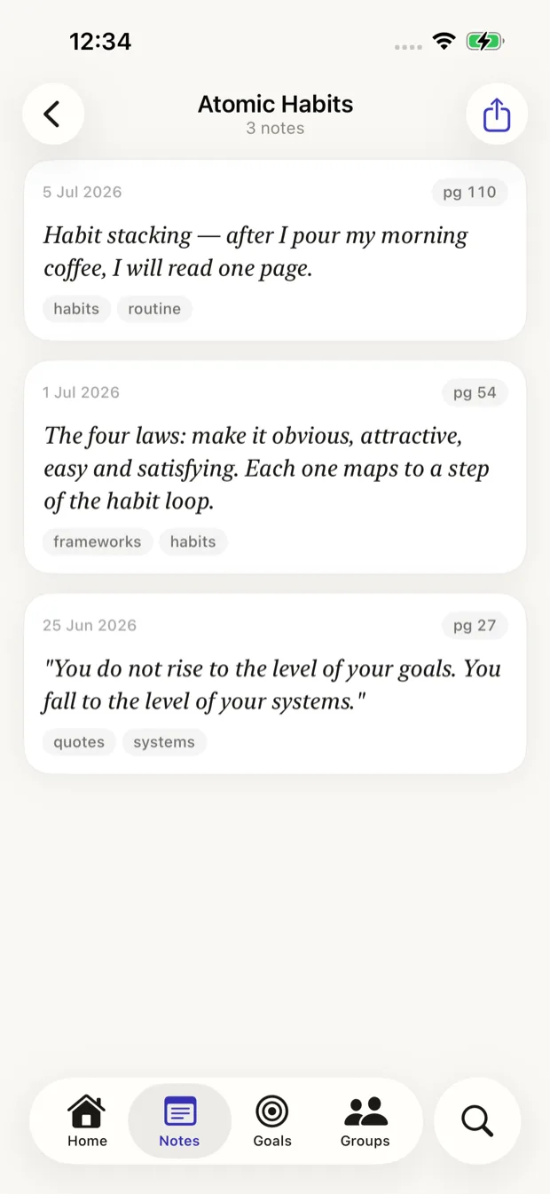 Book notes screen showing text notes, voice notes, and page references