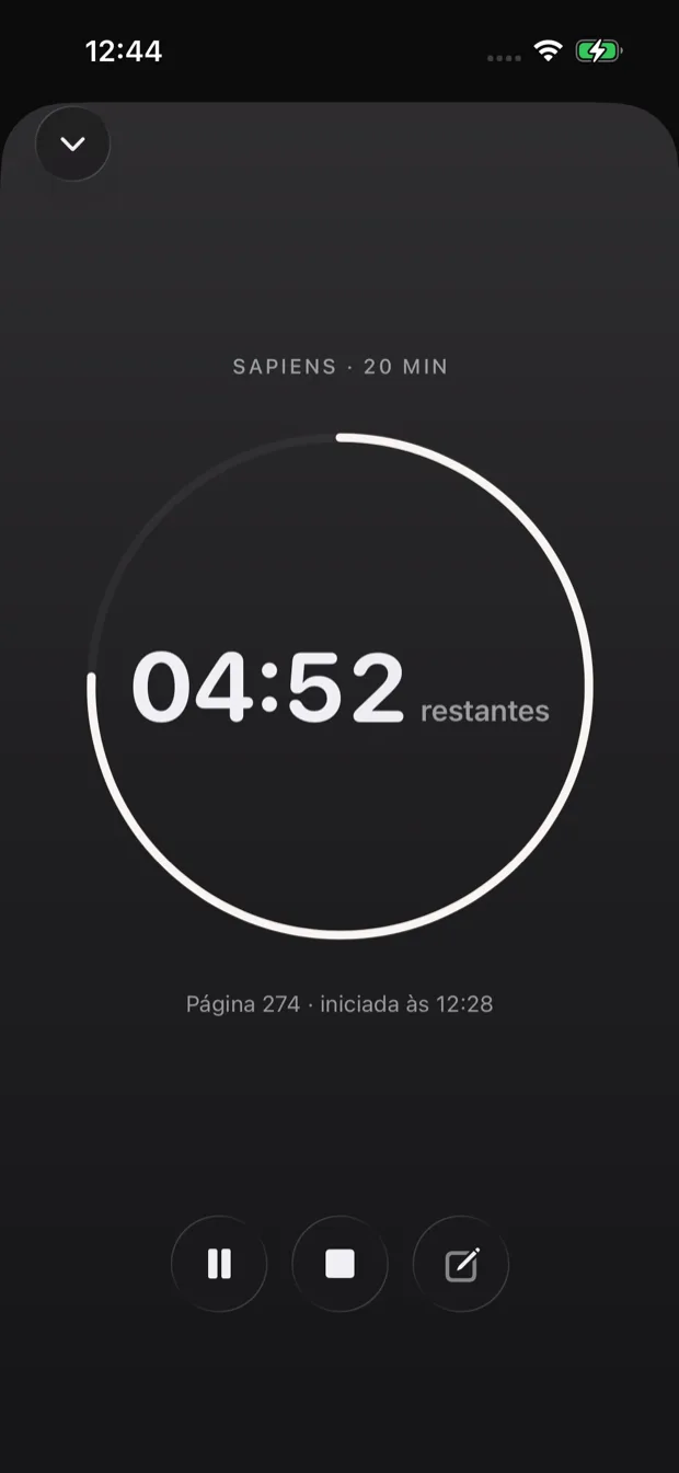 Tela de sessão de leitura mostrando progresso, timer e histórico de sessões