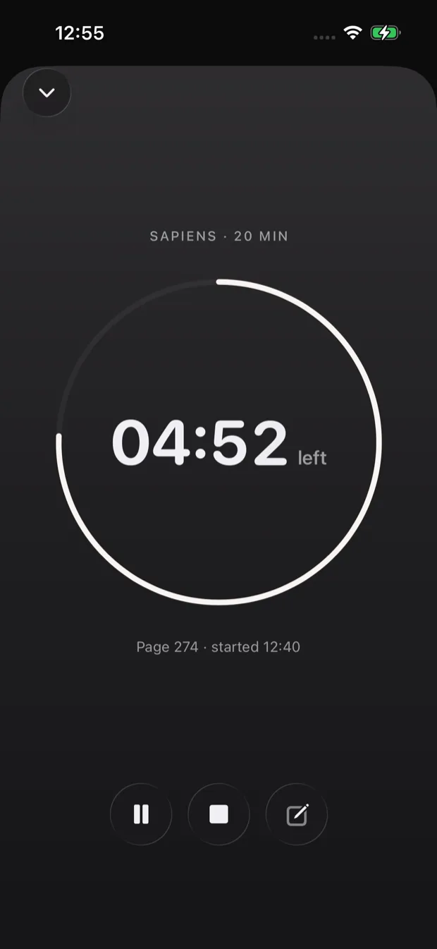 Reading session screen showing progress, timer, and session history