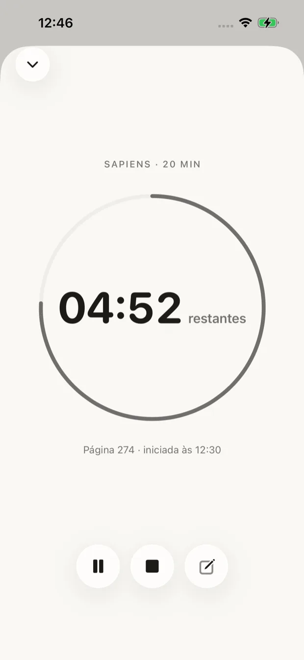 Tela de sessão de leitura mostrando progresso, timer e histórico de sessões