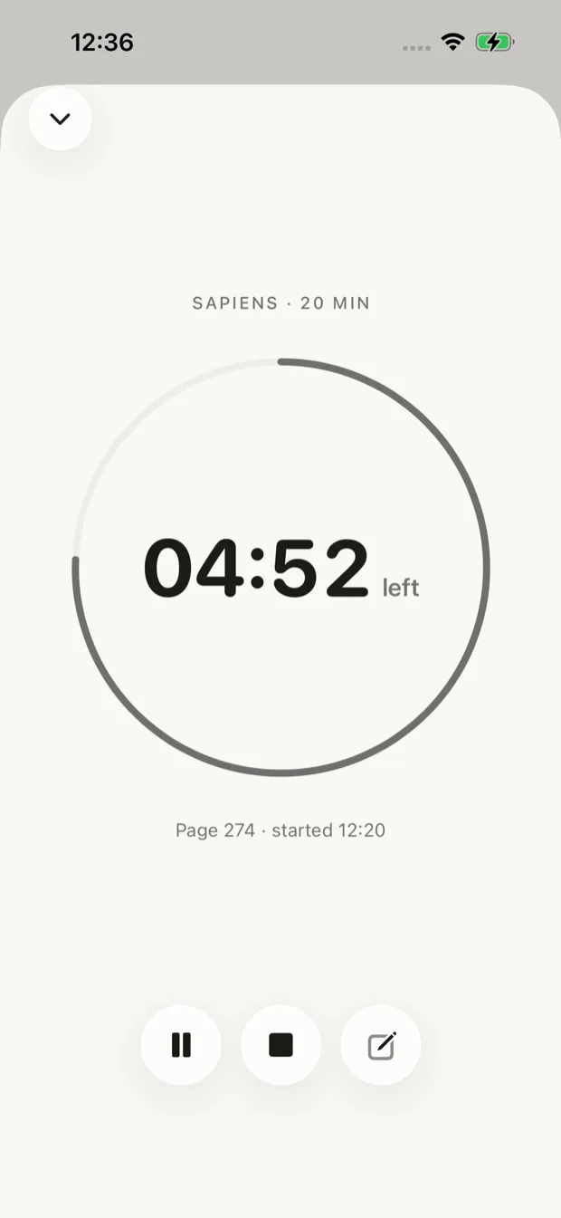 Reading session screen showing progress, timer, and session history