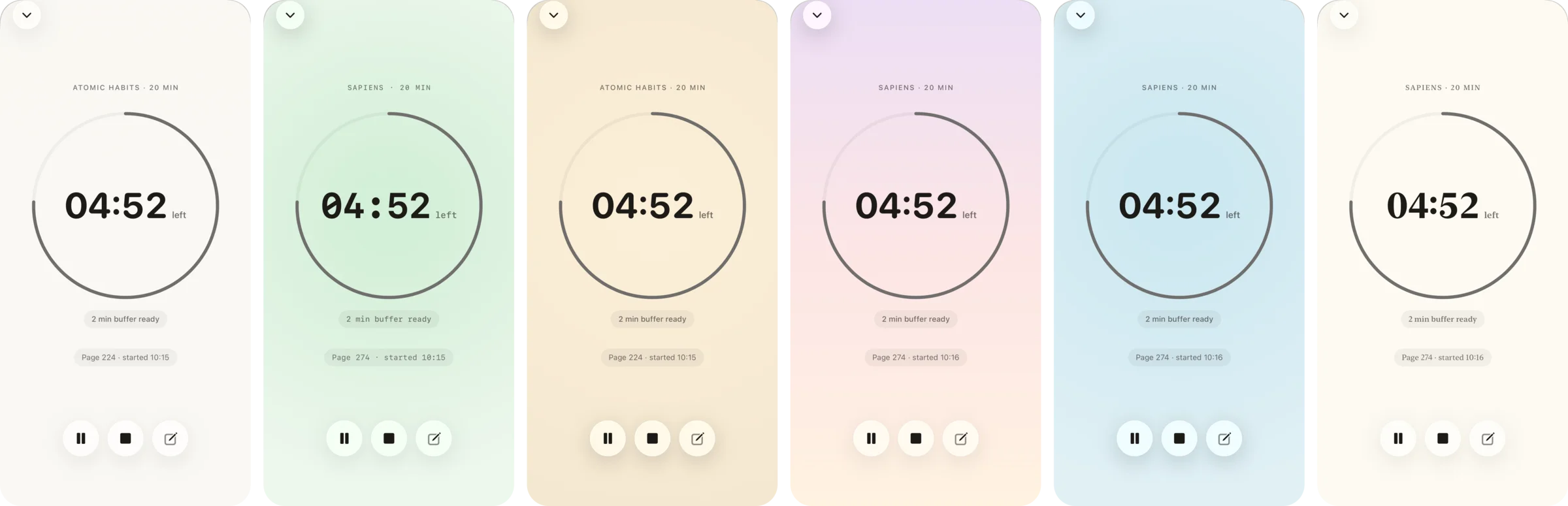 The six free themes, left to right: Paper, Mono, Sepia, Dawn, Ocean, Novel