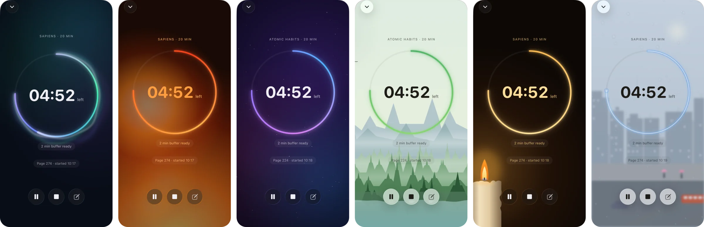 The six living scenes, left to right: Aurora, Solar, Nebula, Forest, Candlelight, Rainy Window