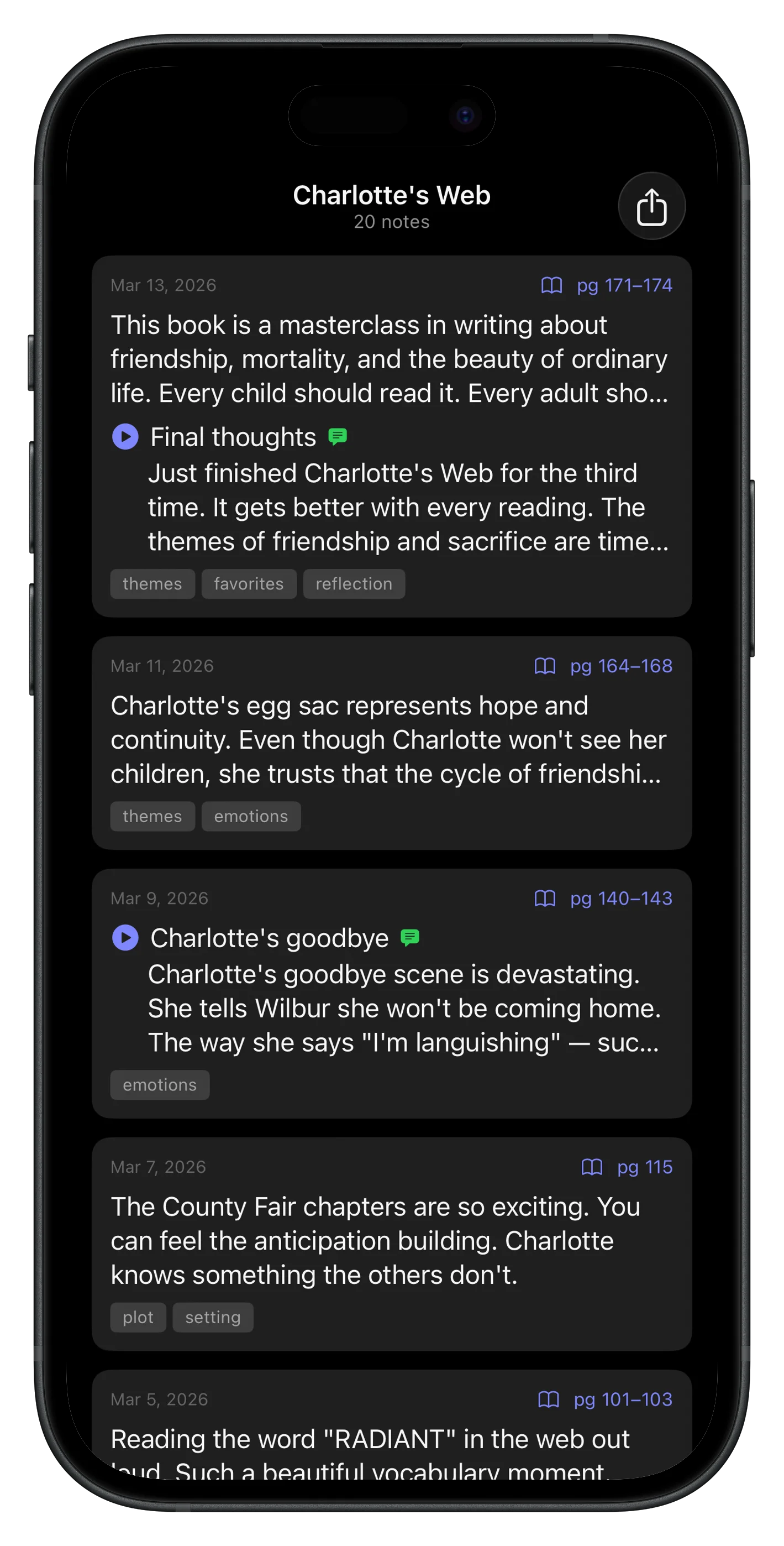 Book notes screen showing text notes, voice notes, and page references