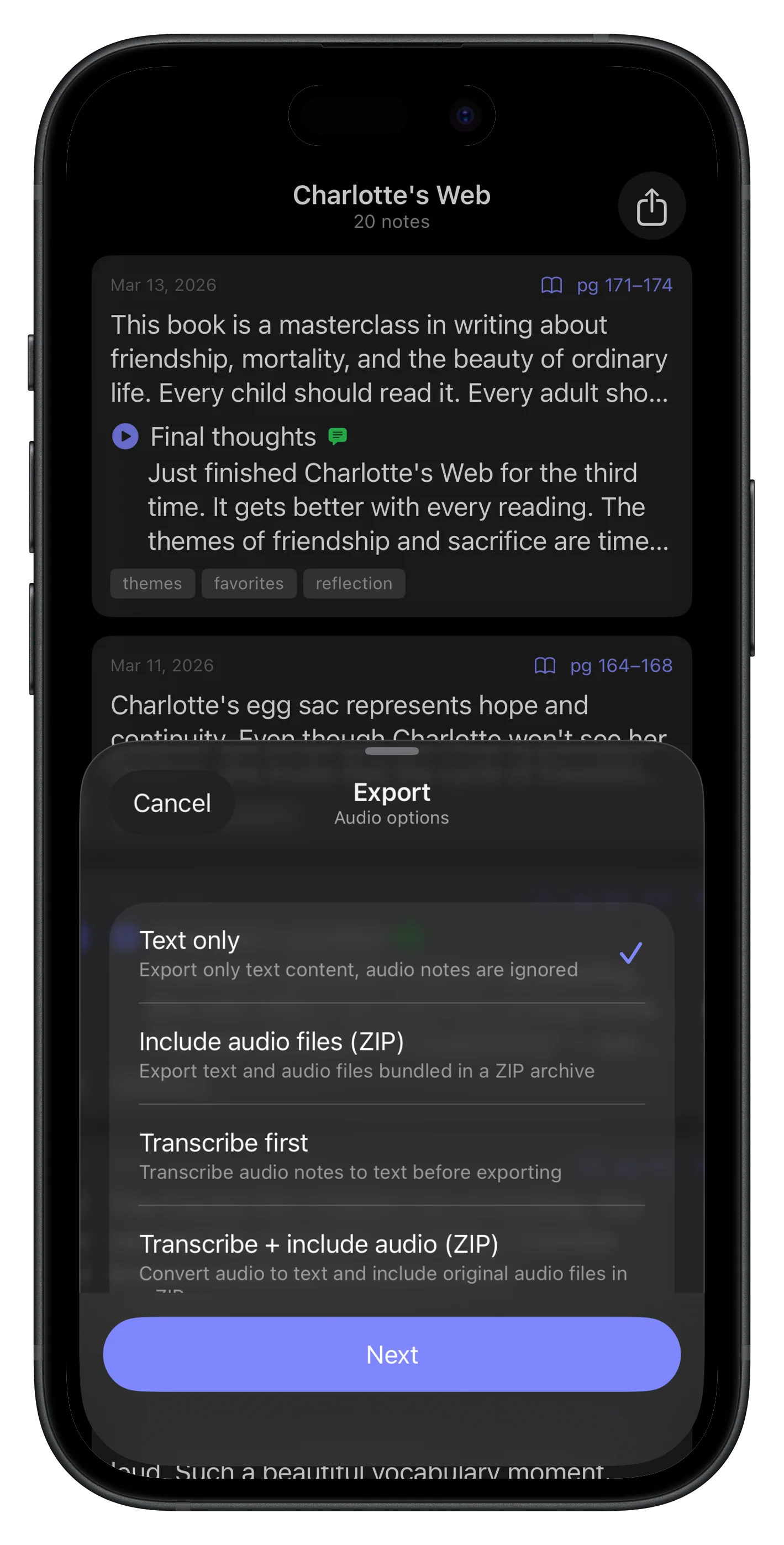 Export notes dialog with format options and audio transcription settings