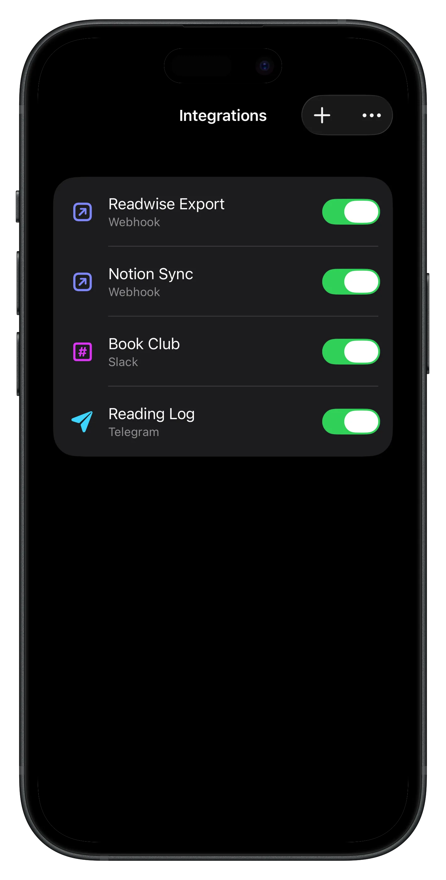 Integrations screen showing Readwise, Notion, Slack, and Telegram connections