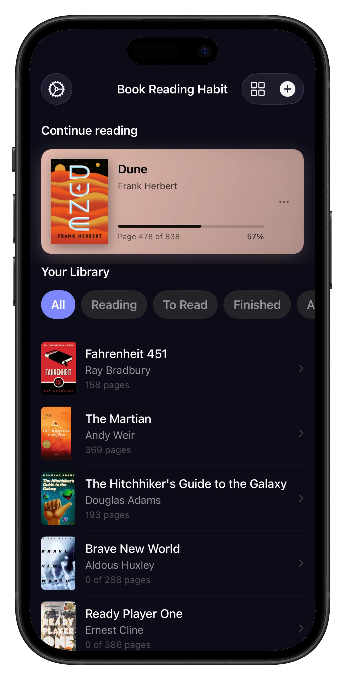 Library screen with book shelves, progress tracking, and continue reading card
