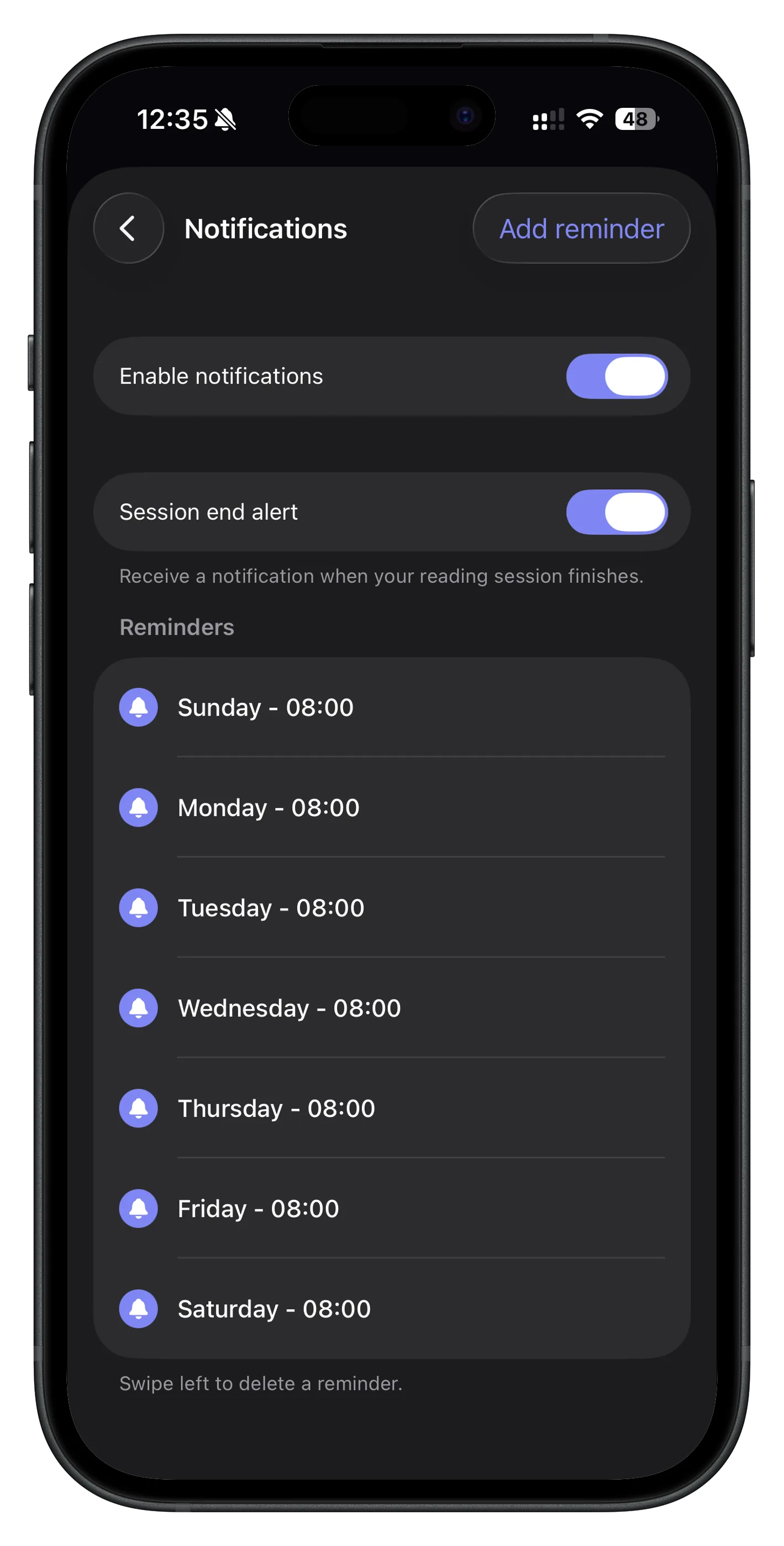 Notifications and reading reminders settings