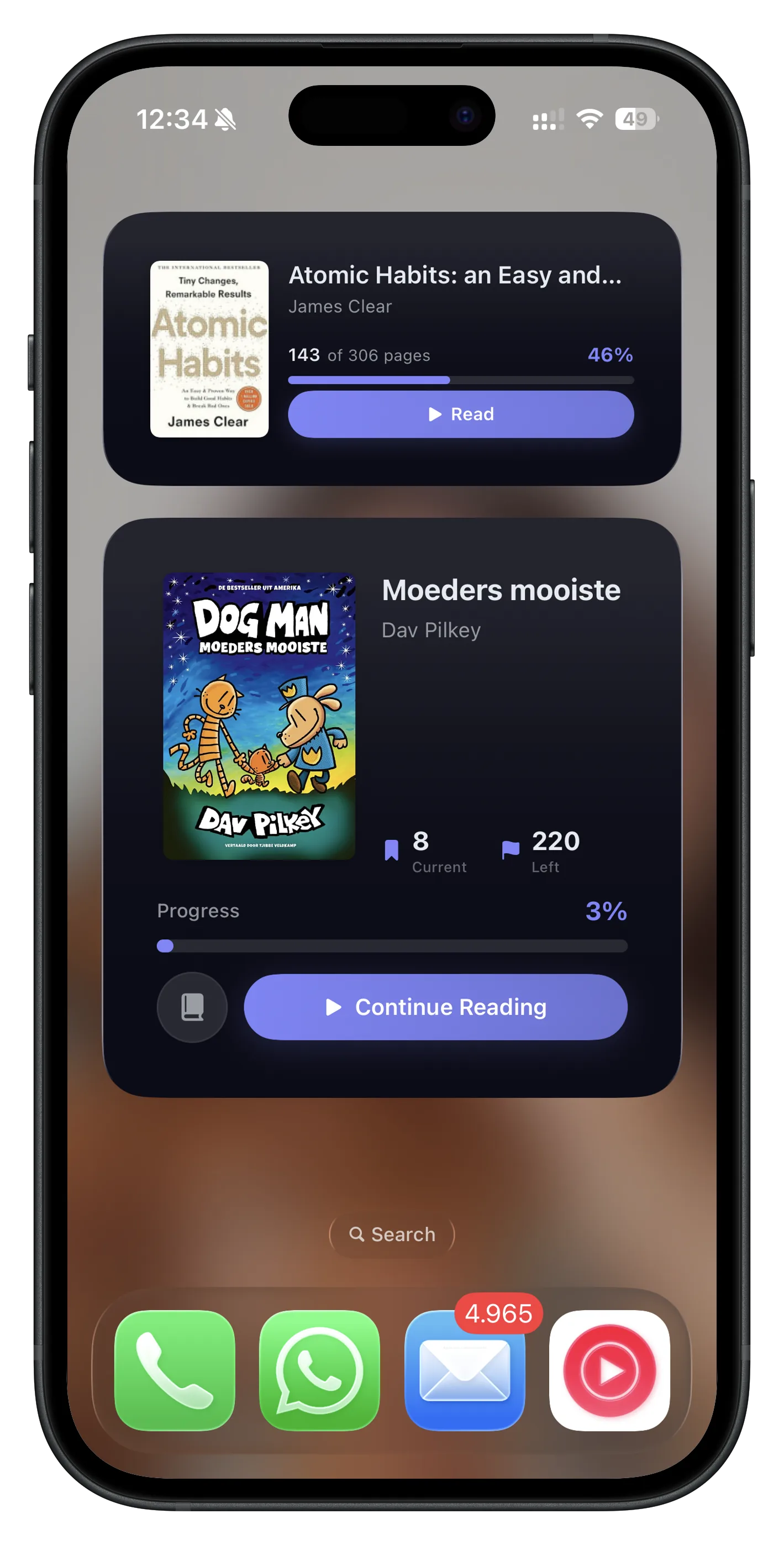 Home screen with reading progress widgets